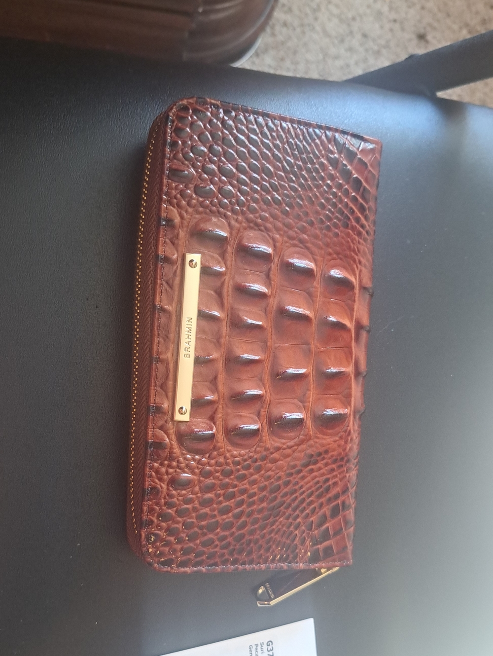 Brown Croc-Embossed Zip Wallet with Gold Plate - Picture 4 of 8